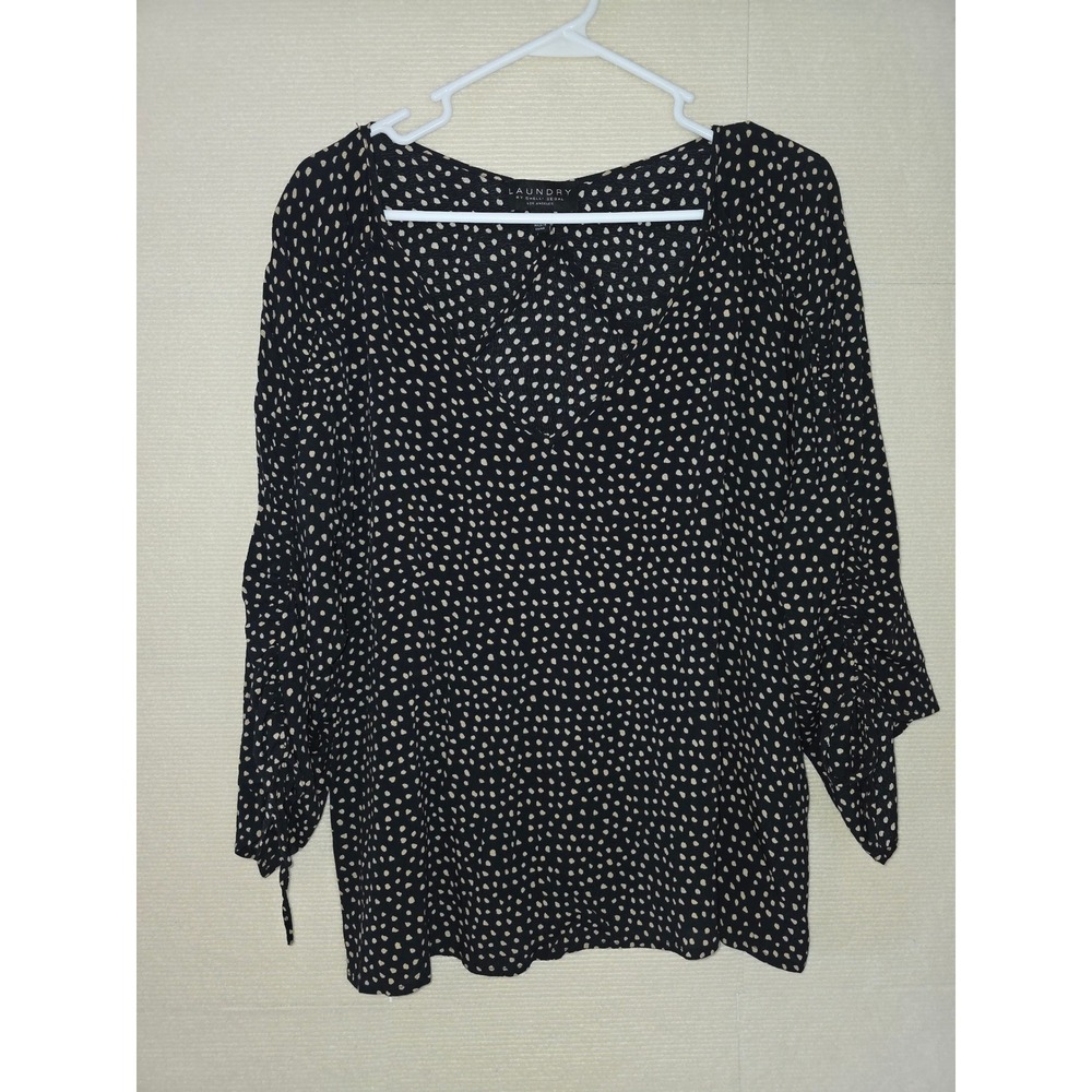 Laundry by Shelli Segal Womens XL Polka Dot V-Neck Ruched Tie Sleeve BlouseBlack